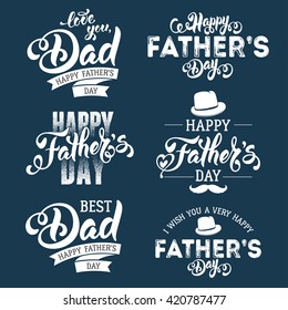 Fathers Day Lettering Calligraphic Emblems, Badges Set. Isolated on Dark Blue. Happy Fathers Day, Best Dad, Love You Dad Inscription. Vector Design Elements For Greeting Card and Other Print Templates