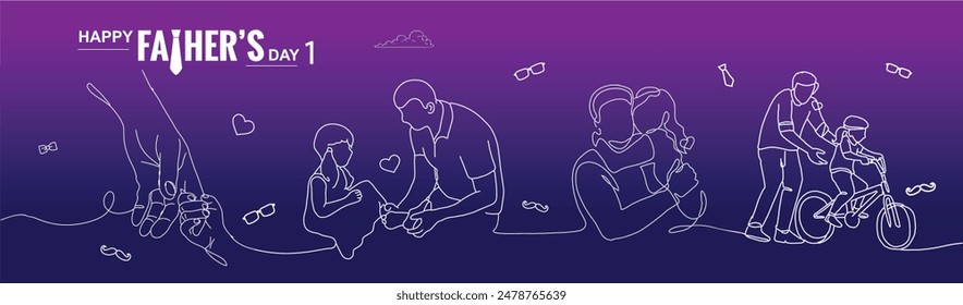 Father's Day line art illustration of dad with son and daughter with father, golden moments of father and daughter.
