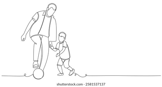 Fathers day line art style vector illustration, father and son playing footbal together line art illustration