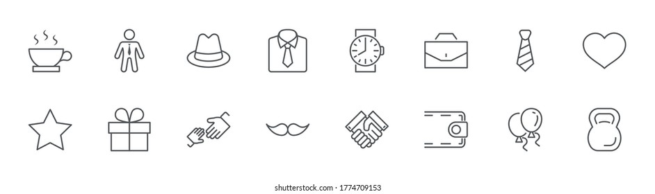 Father's Day Line Icons. Mustache, tie, shirt, hat, purse, gift. Editable Stroke