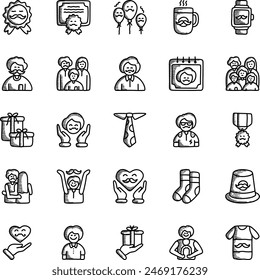 Fathers Day Line Icons Set. Contains Icons such as Appreciation,Bond,Balloons,Mug,Watch,Dad,Family,Father,Fathers Day,Parent,Gift,Gratitude,Tie,Hero,Honor,Hug,Joy,Love,Socks,