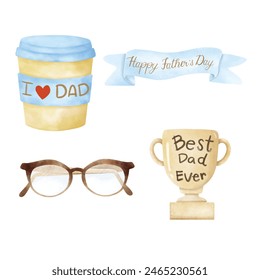 Día del Padre, Me encanta Papá Taza de café, Feliz Día del Padre, Gafas, Mejor Papá Nunca Winner Cup, Acuarela, Ilustración vectorial