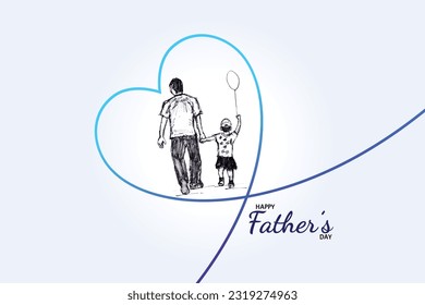 Father's day love heart background with dad and son Line style 