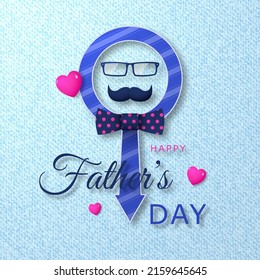 Father's Day. Male symbol in the form of a striped tie with glasses, mustache and hearts.