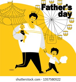 Father's day. Man and children. Father and sons. A man walks in the park with the children. Background with carousel. The inscription "Father's Day". Vector