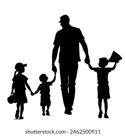 fathers day, man is holding hands of two children and a small child is holding a megaphone