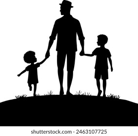 fathers day, man is holding hands of two children. The man is walking with the children and they are all smiling. Scene is happy and joyful