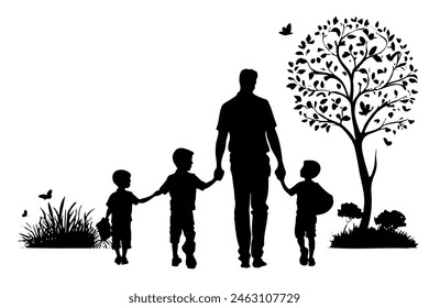 fathers day, man is holding hands children. The children are walking in a park