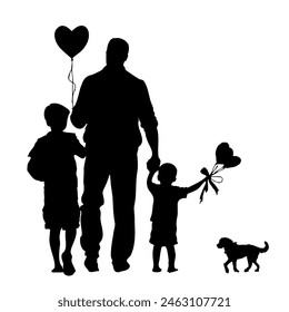 fathers day man and two children are holding balloons and dog. man is holding balloon with a heart on it. dog is walking behind them