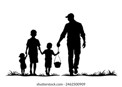 fathers day, man is walking with three children and a dog. The man is holding bucket and the children are holding basket. scene is peaceful and family-oriented