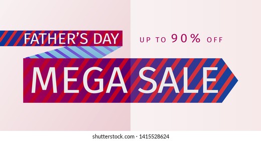 Father's Day Mega Sale Offer. Untied striped red tie with the inscription and percentage of discounts. 90% off. Vector template for banner promotion, advertising, flyer, invitation, poster, discount