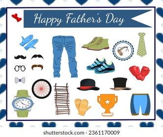 Father's day message. Vector of mustaches, lens, bow tie, watch, ladder, shoes, gloves, tie, hats, boxers, mechanical gear, hearts, glasses, wheel, winning cup on a blue heart pattern