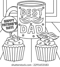 Fathers Day Mug and Cupcakes Coloring Page