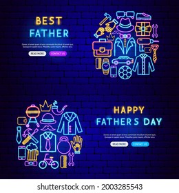 Fathers Day Neon Banners. Vector Illustration of Dad Promotion.