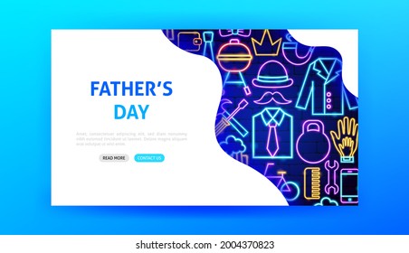 Fathers Day Neon Landing Page. Vector Illustration of Dad Promotion.