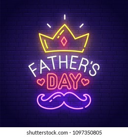 Father's Day neon sign, bright signboard, light banner. Father Day logo, emblem. Vector illustration