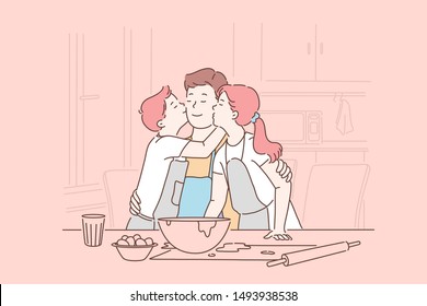 Fathers day, parenthood, childhood concept. Fathers day, parenthood, childhood concept. Little son and daughter kiss and hug their father. Simple flat vector.