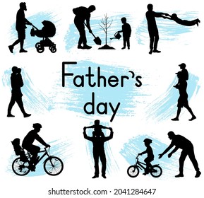 Father's Day. Pastimes of father and son. Silhouettes of man and boy. Vector illustration