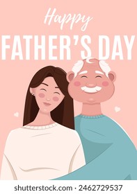 Postal del Día del Padre. Un padre adulto con su hija. Vertical Ilustración vectorial plana.