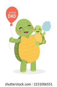 Fathers Day postcard, best dad, daddy and sun turtle, cartoon vector illustration