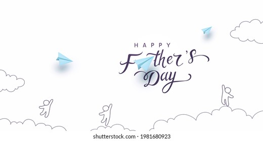 Father's day postcard with blue flying airplanes, playing children on white sky background. Vector happy kids and paper planes doodle pattern for greeting card design