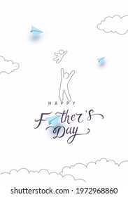 Father's day postcard with blue paper flying airplanes, playing dad and child on white sky background. Vector doodle happy family pattern for greeting card design