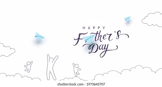 Father's day postcard with blue paper flying airplanes, playing dad and children on white sky background. Vector doodle happy family pattern for greeting card design