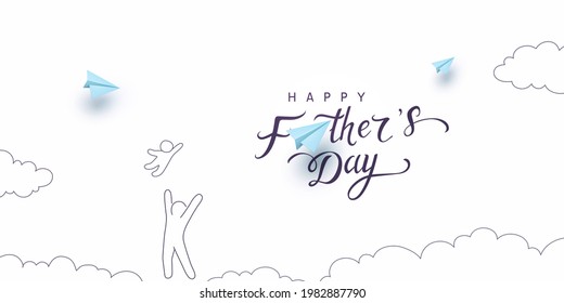 Father's day postcard with blue paper flying airplanes, playing dad and child on white sky background. Vector doodle happy family pattern for greeting card design