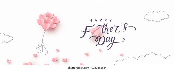 Father's day postcard with flying child and pink balloons on white background. Vector paper symbols of love in shape of hearts for greeting card design