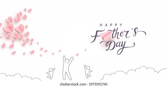 Father's day postcard with paper flying hearts, pink airplane, playing dad and children on white sky background. Vector doodle happy family pattern for greeting card design