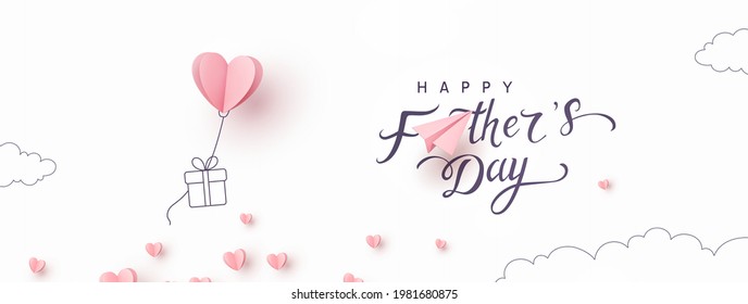 Father's day postcard with paper flying elements and gift box on white sky background. Vector symbols of love in shape of heart for greeting card design