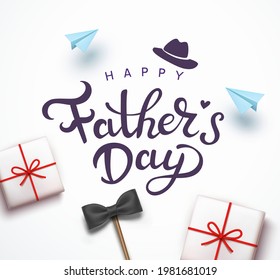 Father's day postcard with paper flying planes, black bow and gift boxes on white background. Vector lettering text for greeting card design