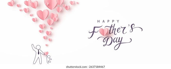 Father's day postcard with pink paper flying elements on white background. Drawing dad and child. Vector symbols of love in shape of heart for greeting card design