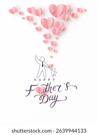 Father's day postcard with pink paper flying elements on white background. Drawing dad and child. Vector symbols of love in shape of heart for greeting card design