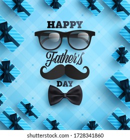 Father's Day poster or banner template with necktie,glasses and gift box on blue background.Greetings and presents for Father's Day in flat lay styling.Promotion and shopping template for love dad