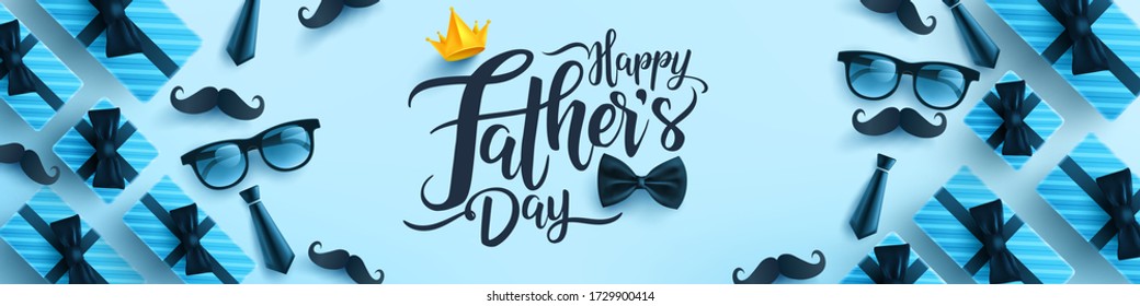 Father's Day poster or banner template with necktie,glasses and gift box on blue background.Greetings and presents for Father's Day in flat lay styling.Promotion and shopping template for love dad