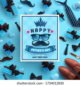 Father's Day poster or banner template with necktie,glasses and gift box on blue background.Greetings and presents for Father's Day in flat lay styling.Promotion and shopping template for love dad