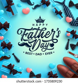 Father's Day poster or banner template with necktie,glasses and gift box.Greetings and presents for Father's Day in flat lay styling.Promotion and shopping template for dad concept