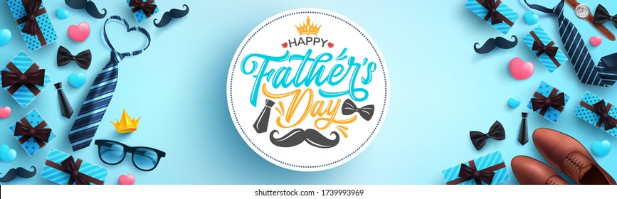 Father's Day poster or banner template with necktie,glasses and gift box on blue background.Greetings and presents for Father's Day in flat lay styling.Promotion and shopping template for love dad