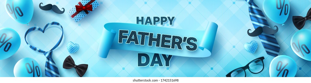 Father's Day poster or banner template with necktie,glasses and gift box on blue background.Greetings and presents for Father's Day in flat lay styling.Promotion and shopping template for love dad