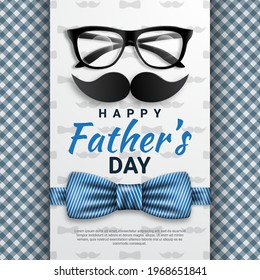 Father's Day poster or banner template with bow tie, glasses and mustache. For Father's Day in flat promotional style and shopping templates for love dad