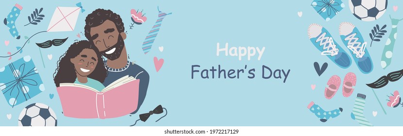 Fathers Day poster or banner template with necktie and gift box on blue background. african american daughter and dad. Vector promotional template.