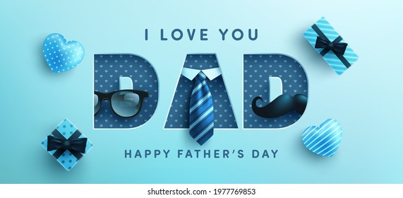 Father's Day poster or banner template with necktie,glasses and gift box on blue.Greetings and presents for Father's Day in flat lay styling.Promotion and shopping template for love dad concept