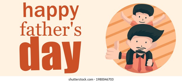 Father's Day poster or banner template with happy father and son illustration on orange background, happy father's day text, father's day greeting card