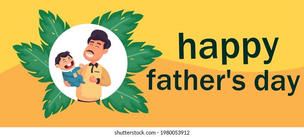 Father's Day poster or banner template with a happy father and son illustration on yellow background and tropical plant theme, happy father's day text, father's day greeting card