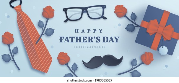 Father's Day poster or banner template with realistic necktie, glasses, moustache, gift box and flowers on blue background