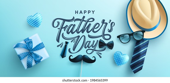 Father's Day poster or banner template with hat,necktie and gift box on blue background.Greetings and presents for Father's Day in flat lay styling.Promotion and shopping template for love dad