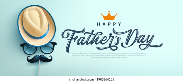 Father's Day poster or banner template with symbol of Dad from hat,glasses and mustache.Greetings and presents for Father's Day in flat lay styling.Promotion and shopping template for love dad