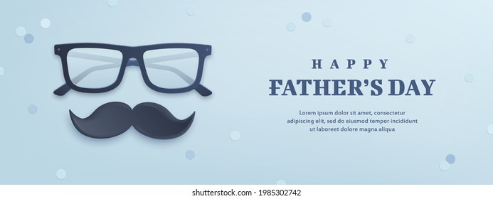 Father's Day poster or banner template with realistic glasses and moustache on blue background