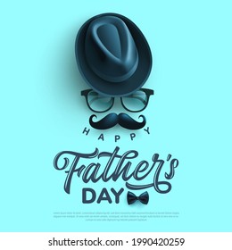 Father's Day poster or banner template with symbol of Dad from hat, glasses and mustache. Greetings and presents for Father's Day in flat lay styling. Promotion and shopping template for love dad